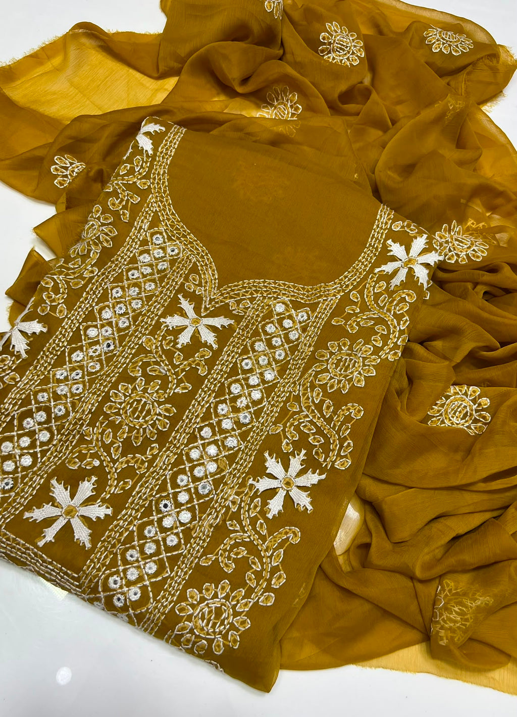 2 PC Handmade Benzir Shadow Mirror Work Chiffon Ensemble – Two-Piece Set #1