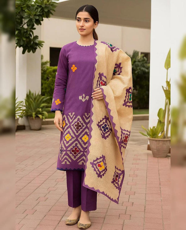 Handmade Embroidered 3 Pc Suit Khadi Khaddar Collection #7