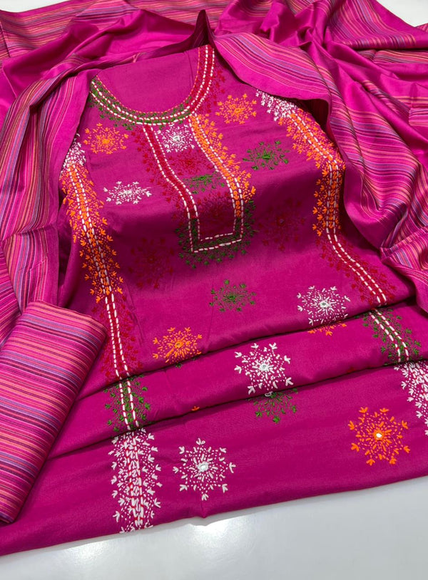 Handmade Embroidered 3 Pc Suit Khadi Khaddar Collection #6