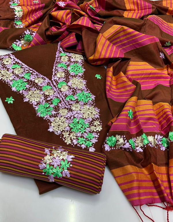 Handmade Embroidered 3 Pc Suit Khadi Khaddar Collection #10