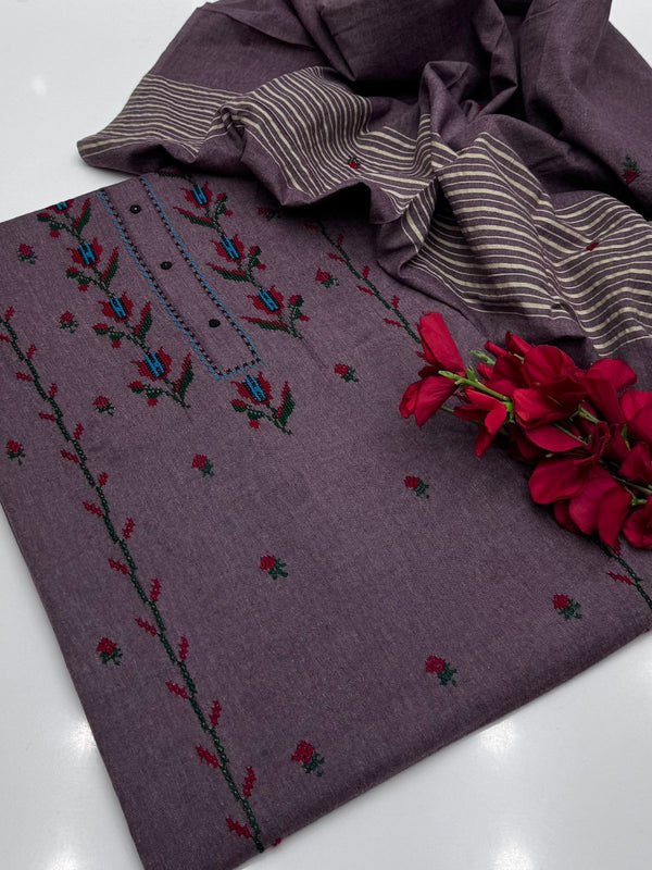 Handmade Embroidered 3 Pc Suit Khadi Khaddar Collection #6